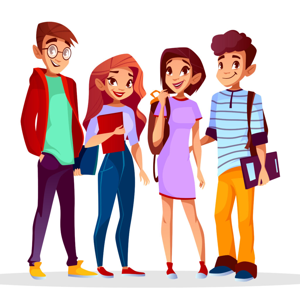 Vector cartoon back to college concept with cheerful students set. Male female caucasian teenagers standing smiling holding backpack, textbooks. Young men, women in university, education concept.