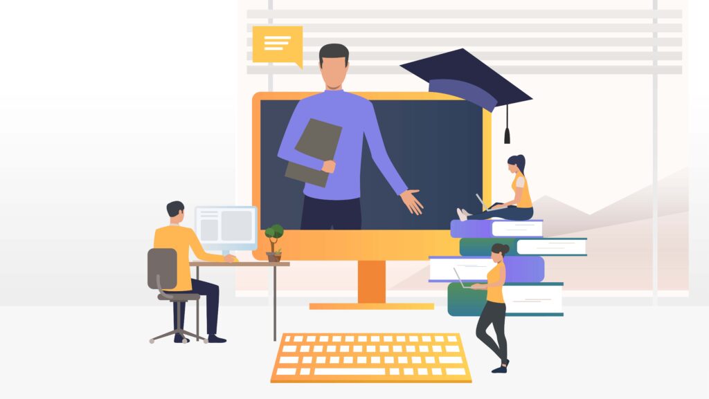 People using computers and studying at online school. Service, literature, study concept. Vector illustration can be used for topics like knowledge, education, online school